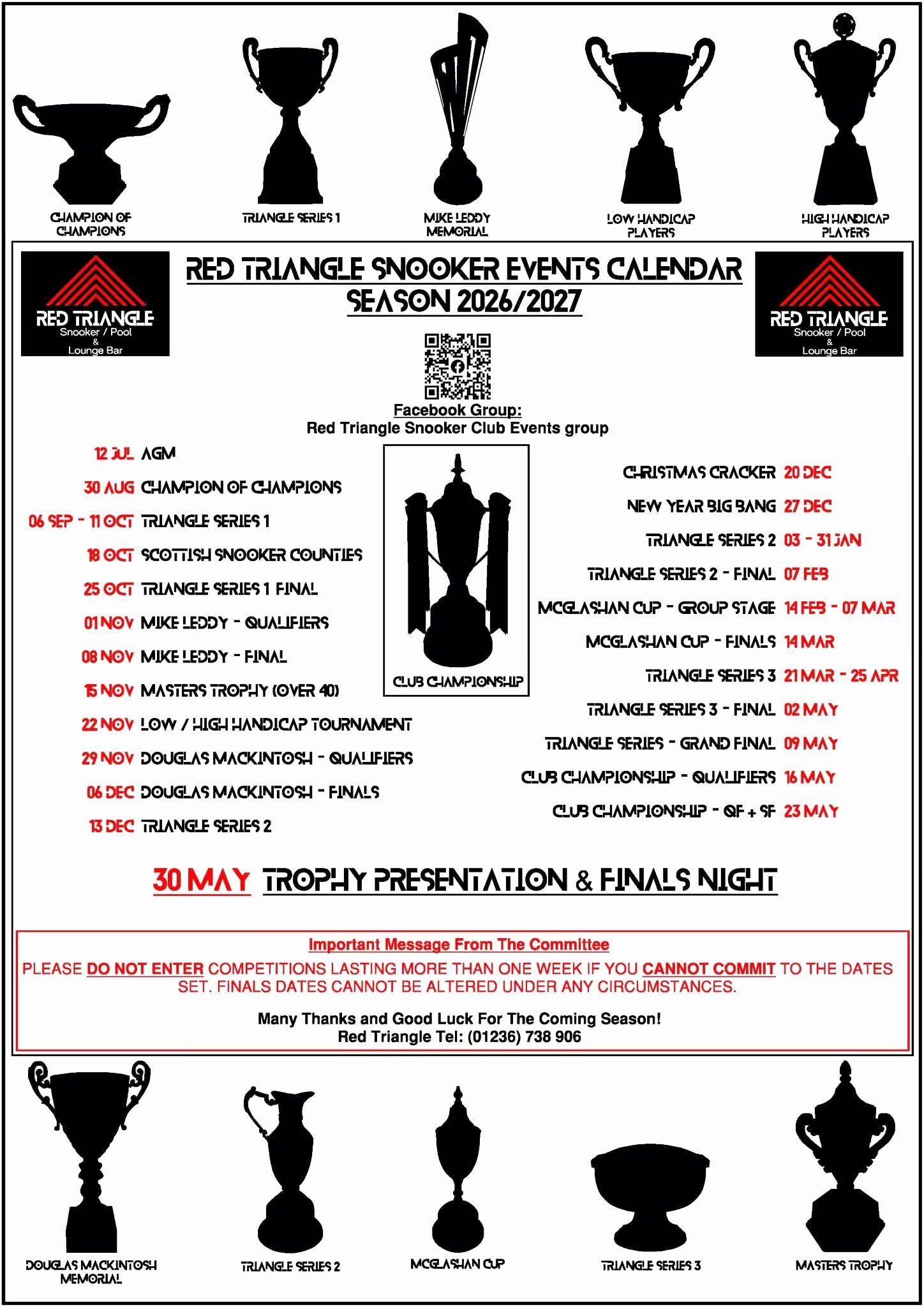 Red Triangle Snooker Events Calendar, Season 2026/2027 - full list of league fixtures, finals and trophy presentation dates
