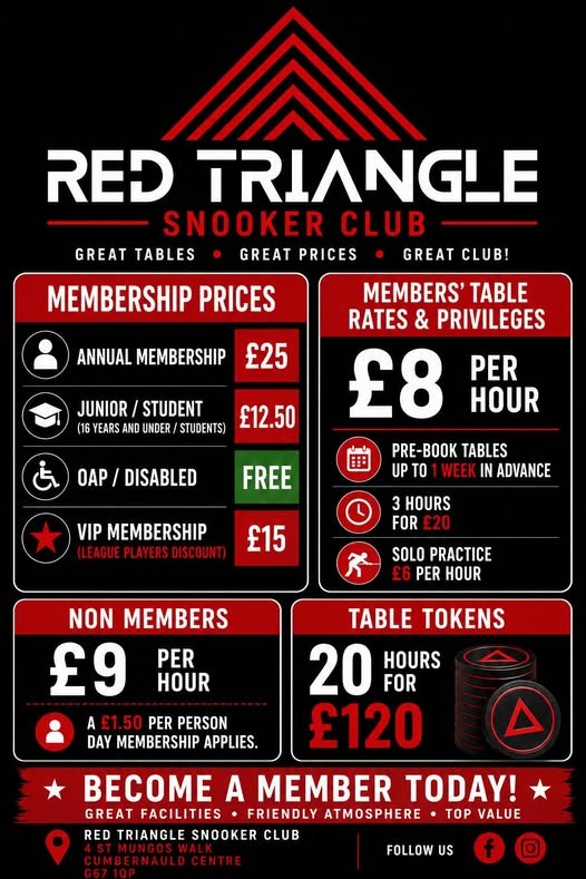 Red Triangle Snooker Club membership prices and table rates graphic